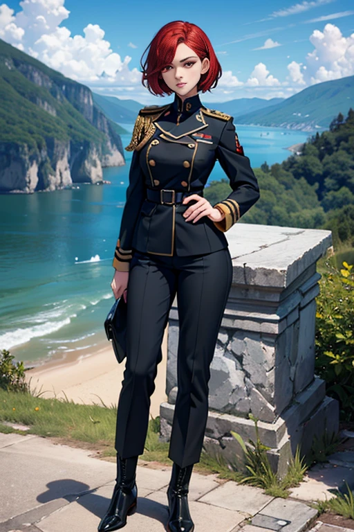 (Highest Resolution, clear_image) wonderful, masterpiece, High detail, Semi-realistic, Dishonor 2, Very beautiful woman, alone, Normal handsome posture, Short Red Hair, Golden Eyes, Indifferent look, 18-year-old, young, Tall and strong , white and red uniform, pants, Military Pants, Military boots, uniform, military school, have confidence, Severe, Cold and haughty, Standing on a cliff, Looking down