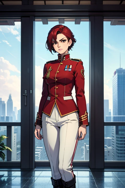 (Highest Resolution, clear_image) wonderful, masterpiece, High detail, Semi-realistic, Dishonor 2, Very beautiful woman, alone, Normal handsome posture, Short Red Hair, Golden Eyes, Indifferent look, 18-year-old, young, Tall and strong , white and red uniform, pants, Military Pants, Military boots, uniform, military school, have confidence, Severe, Cold and haughty, Standing on a cliff, Looking down