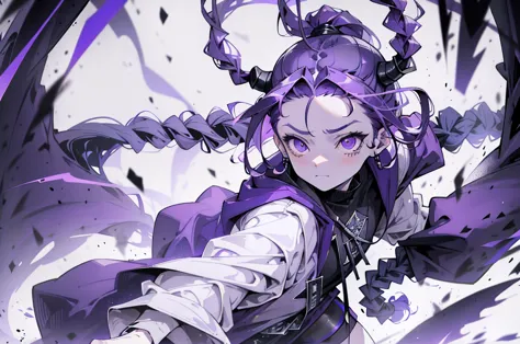 boy rabbit thoughtful look open forehead. dark purple hair braided into a ponytail on the left side. sinuous black horns wrapped...