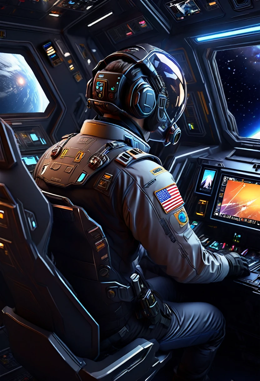 back view of male pilot half-turning to look at camera, holding holographic navigation device and sitting in chair in spaceship cockpit in deep space, (back view of half-turning to look at camera: 1.1), Masterpiece, best quality, (highly detailed CG unity 8k wallpaper), (best quality), (best illustration), (best shadows), isometric 3D , octane rendering, ray tracing, highly detailed, sci-fi

