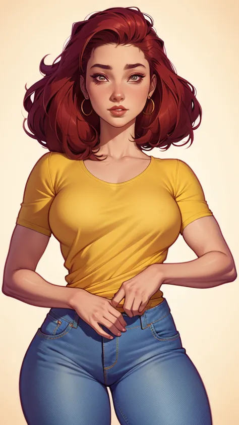 um desenho de uma mulher de jeans e blusa amarela, Estilo de arte de Charlie Bowater, arte do personagem Charlie Bowater, estilo...