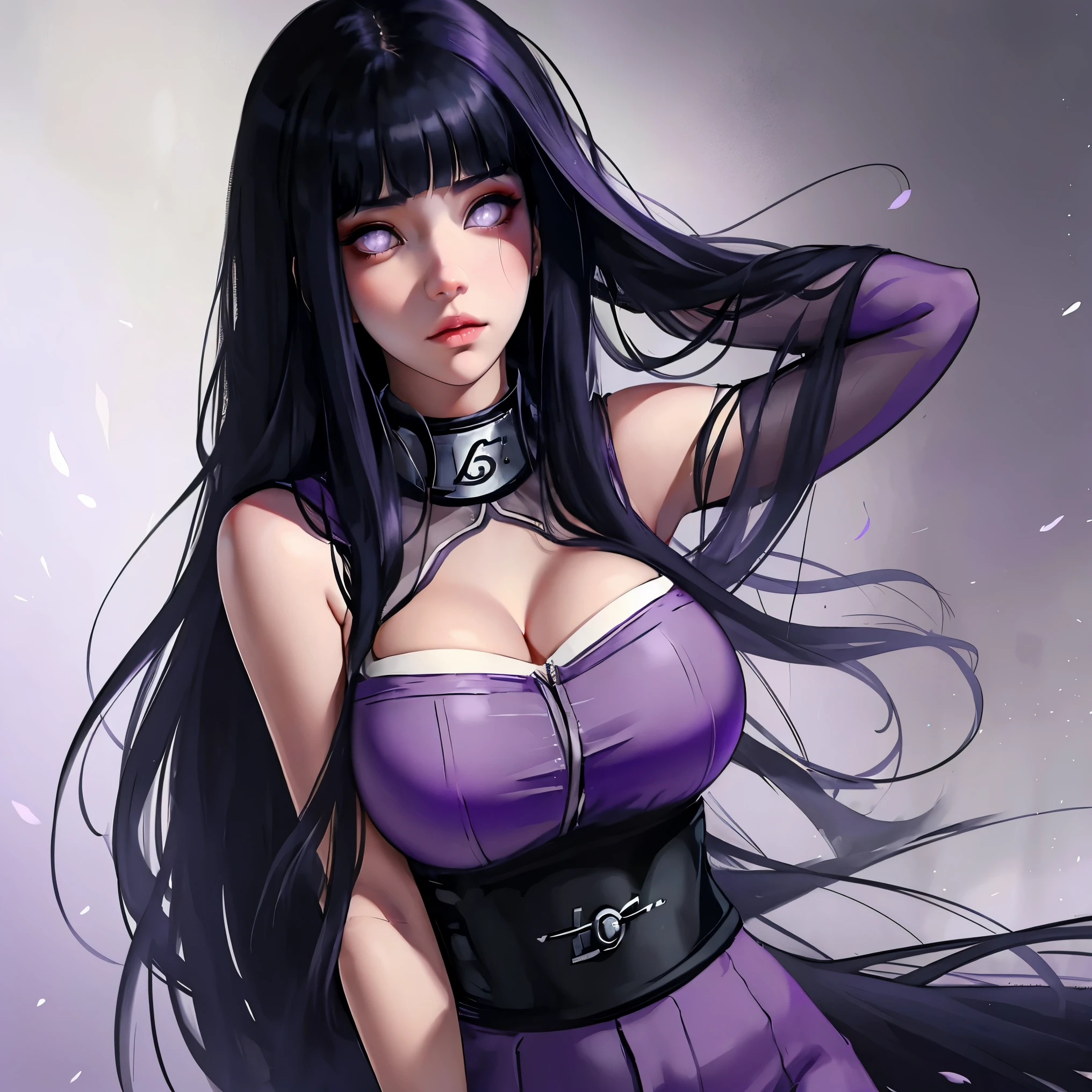 1girl, adult, Hinata Hyuga, the last, shy girl, long black hair, blunt bangs, dark hair, Voluminous hair, lavender eyes, no pupils, Lavender Sleeveless Blouse, big breasts, slim waist, masterpiece, best quality, Professional, realistic.