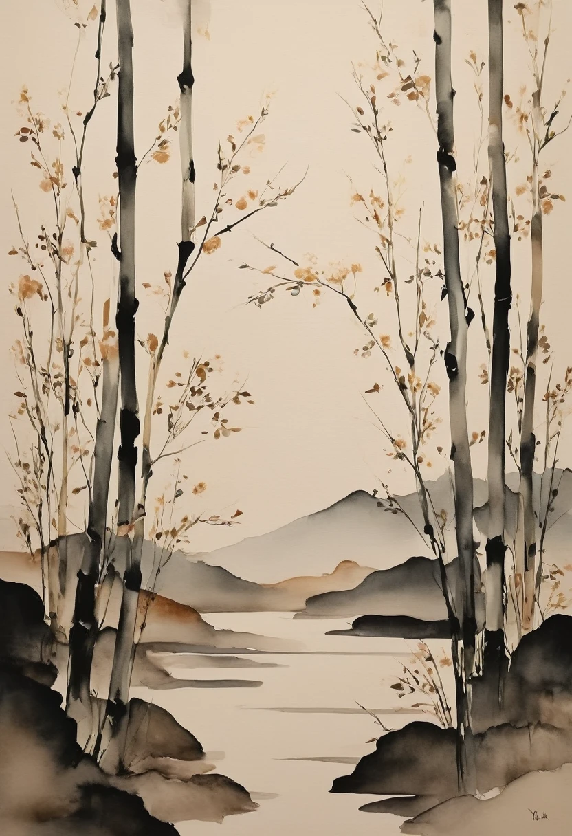 Créez une peinture dans le style artistique Japandi, qui allie l&#39;élégance du minimalisme japonais à la chaleur du design scandinave. Utilisez un calmant, palette de couleurs neutres avec des nuances de blanc doux, beige chaud, gris sourd, et tons de bois naturels.

Incorporer des éléments de la nature, comme les délicates fleurs de cerisier, tiges de bambou, ou de l&#39;eau qui coule, et combinez-les avec des formes géométriques simples ou des motifs abstraits. La composition doit être équilibrée et sereine, mettant l&#39;accent sur les lignes épurées et un grand espace négatif.

Utilisez des textures qui évoquent la tranquillité, comme les lavis à l&#39;aquarelle, coups de pinceau subtils, ou des dégradés doux. L’esthétique globale doit être une beauté discrète et une harmonie, reflétant la philosophie Japandi de simplicité et d&#39;élégance naturelle