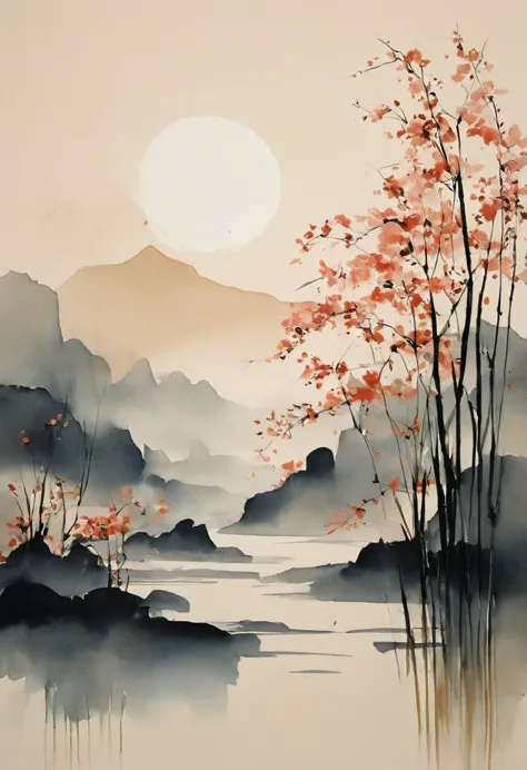 Create a painting in the Japandi art style, which blends the elegance of Japanese minimalism with the warmth of Scandinavian des...
