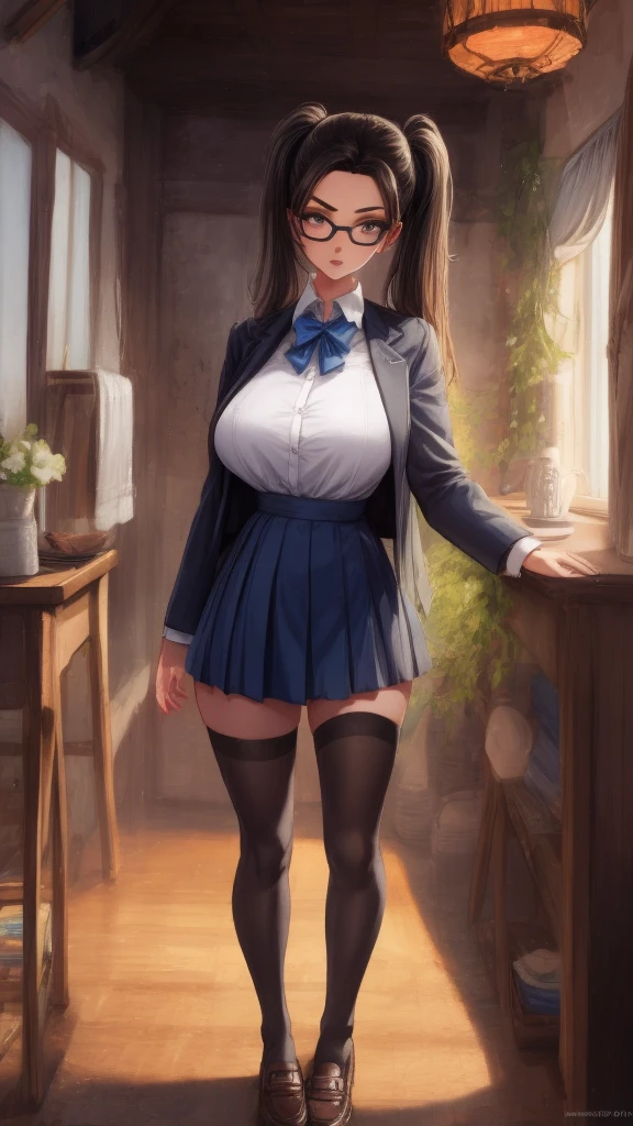 personaje femenino de anime en uniforme escolar, con falda corta, 
BREAK
, nakamuramisaki, cola gemela, anteojos, pelo negro, (Hermoso,enorme_senos:1.3), MILF,
BREAK
, 1 chica, solo, De pie en el jardín, cuerpo completo, Figura completa,
BREAK
, Hermosoly detailed illustration of a cozy and meticulously decorated school classroom with warm lighting, colores vibrantes, y un ambiente acogedor.
BREAK
, , Medias hasta el muslo, blazer (blazer), arco, , arcotie, zapatos, mocasines, cinta,
BREAK
, ojos hermosos y detallados, labios hermosos y detallados, Ojos y cara extremadamente detallados., Pestañas largas,
BREAK
, medio: pintura al óleo, Iluminación atmosférica, paleta de colores de ensueño, decoración interior detallada, ambiente tranquilo y pacífico,
BREAK
, (mejor calidad,4k,8K,alta resolución,obra maestra:1.2), ultra detallado,