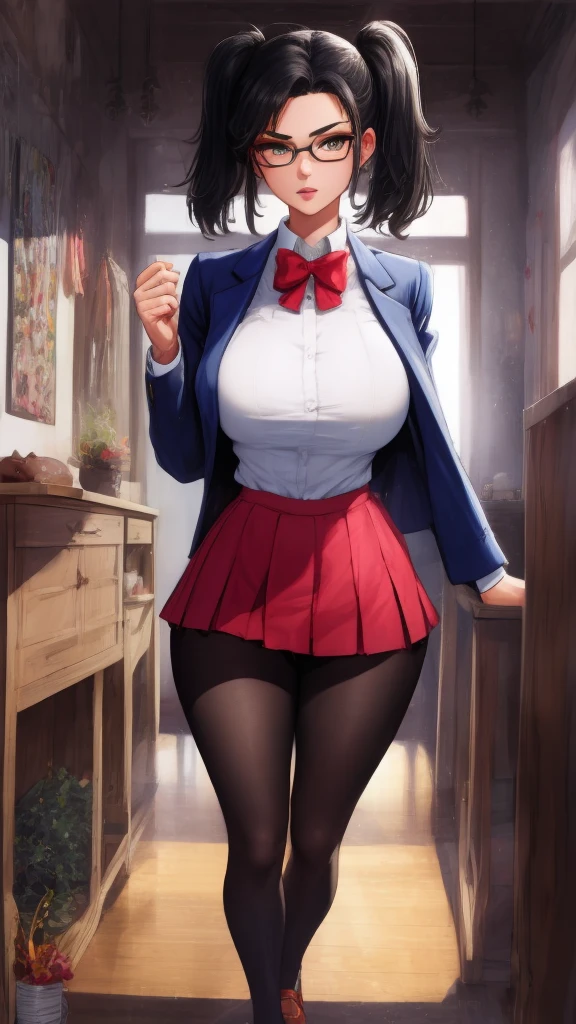 anime female character in , with short skirt, 
BREAK
, nakamuramisaki, twin tail, Glasses, black hair, (Beautiful,Huge_Breasts:1.3), milf,
BREAK
, 1girl, solo, Standing in the garden, full body, full figure,
BREAK
, Beautifully detailed illustration of a cozy and meticulously decorated school classroom with warm lighting, vibrant colors, and an inviting atmosphere.
BREAK
, , thigh-highs, Blazer (Blazer), bow, , bowtie, shoes, loafers, ribbon,
BREAK
, beautiful detailed eyes, beautiful detailed lips, extremely detailed eyes and face, long eyelashes,
BREAK
, medium: oil painting, atmospheric lighting, dreamy color palette, detailed interior decoration, quiet and peaceful ambiance,
BREAK
, (best quality,4k,8k,highres,masterpiece:1.2), ultra-detailed, bikini