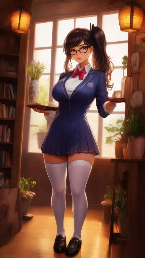 anime female character in , with short skirt, 
BREAK
, nakamuramisaki, twin tail, Glasses, black hair, (Beautiful,Huge_Breasts:1...