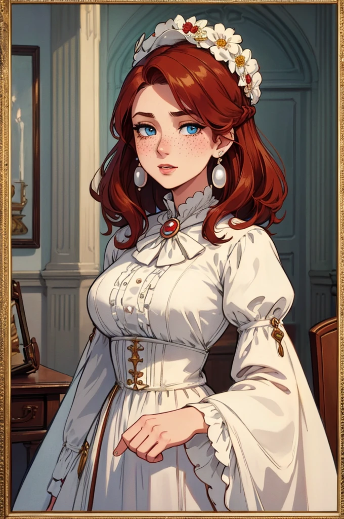 High definition, 4K, HD, 8K, Best Quality, Masterpiece, 1woman, historical early 1900s American outfit, hair ornament, dress, ivory brooch, pearl earrings, medium length hair, brownish red hair, beautiful face solo, beautiful blue eyes, fair skin, some freckles