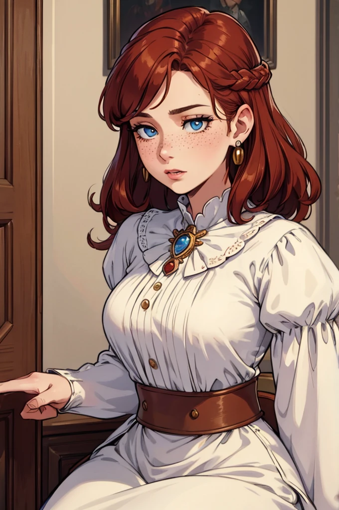 High definition, 4K, HD, 8K, Best Quality, Masterpiece, 1woman, historical early World War One 1900s American woman outfit, hair ornament, dress, ivory brooch, pearl earrings, medium length hair, brownish red hair, beautiful face solo, beautiful blue eyes, fair skin, some freckles