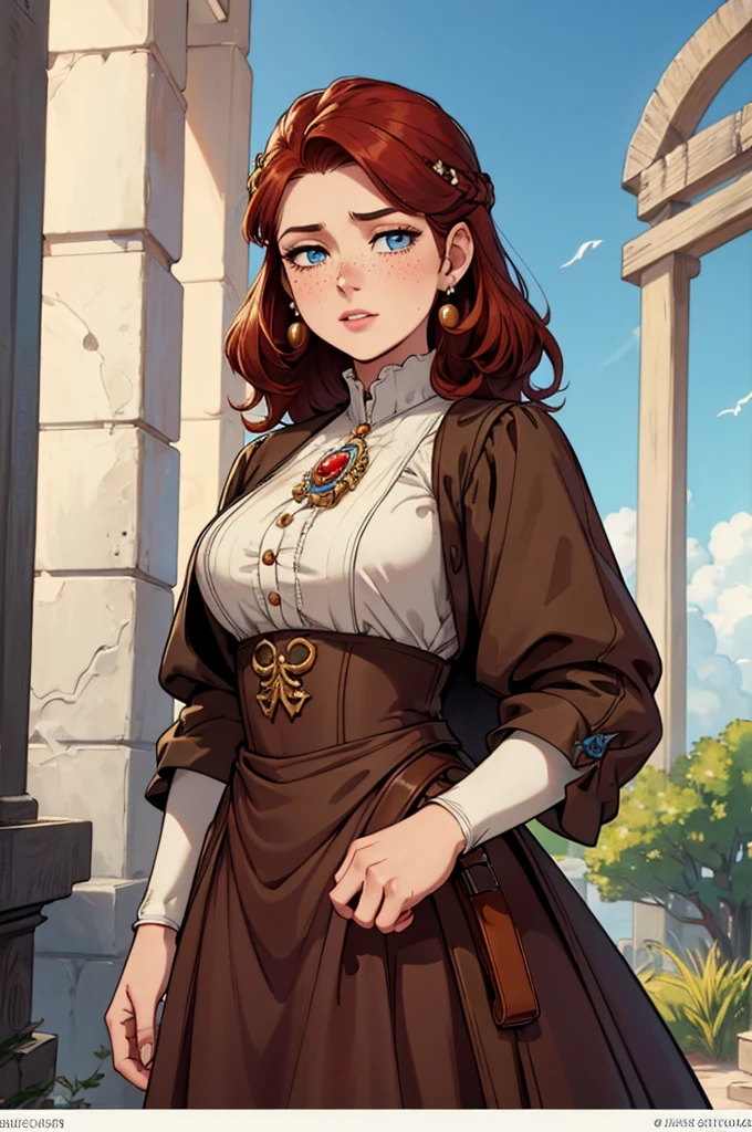 High definition, 4K, HD, 8K, Best Quality, Masterpiece, 1woman, historical early World War One 1900s American woman outfit, hair ornament, dress, ivory brooch, pearl earrings, medium length hair, brownish red hair, beautiful face solo, beautiful blue eyes, fair skin, some freckles