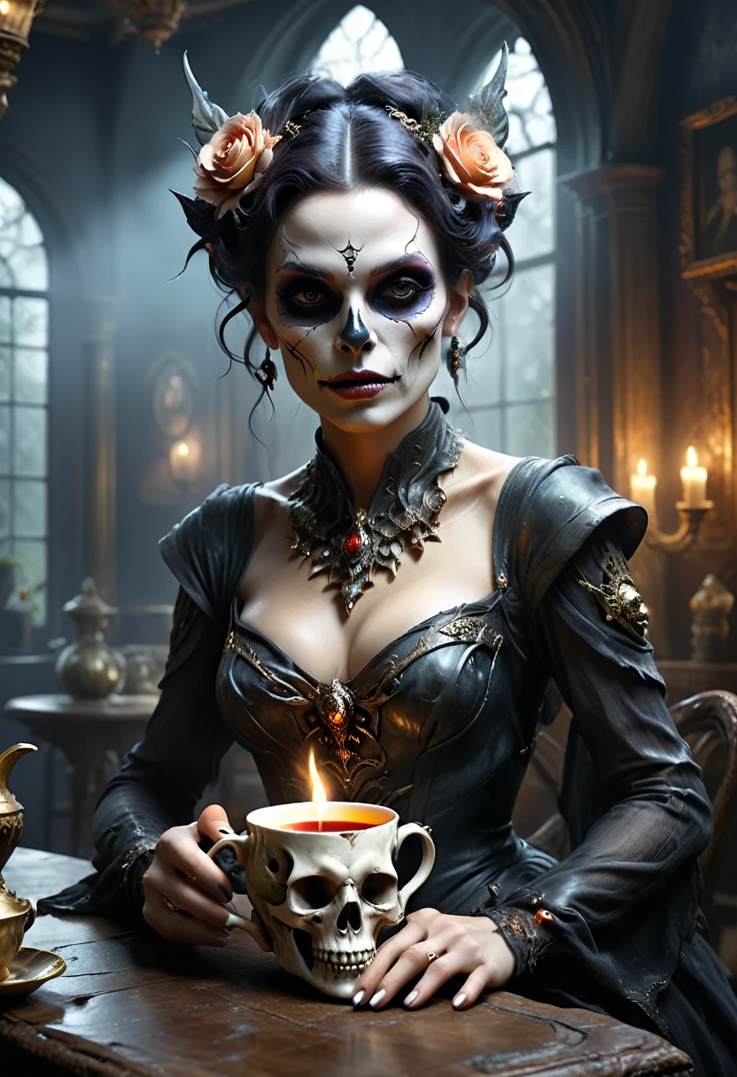 Ultra detailed digital art masterpiece, face portrait, mysterious dark fairy woman , drinking a delicious tea from a skull tea cup, realistic bobe skull teacup, ultra detailed london tea house, in year 1890, victorian style, rose flower style, Bone🦴 decor on table, white marble, victorian decals,  perfect lighting, elegant, Tom Bagshaw, Anne Bachelier, unreal engine 5 nanite quality, mixed with dark elements, dark environment, very dark night , clean dark velour fairy clothing , dark washed out eyeliner, no make up, natural face, nose piercing, abstract , big shiny eyes, ultra detailed atmospheric details, beautiful glowing effects , sparkle effects , realistic body proportions , beautiful face proportions, complex masterpiece, wild hair style, creative glowing detailed tattoos, complex physics, enhanced colors, complimentary colors, ultra detailed raytracing reflections, Ultra detailed complex background, environment feels alive, direct eye contact, by BoneAge🦴