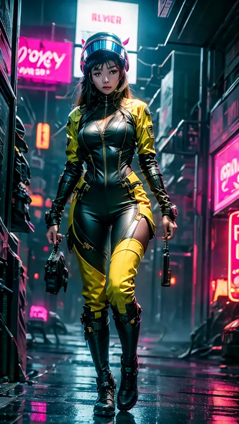 a woman, battle suit, with neon lights, closed helmet on her head, cyberpunk, sexy pose, extreme lights, extreme sharpness, (62k...