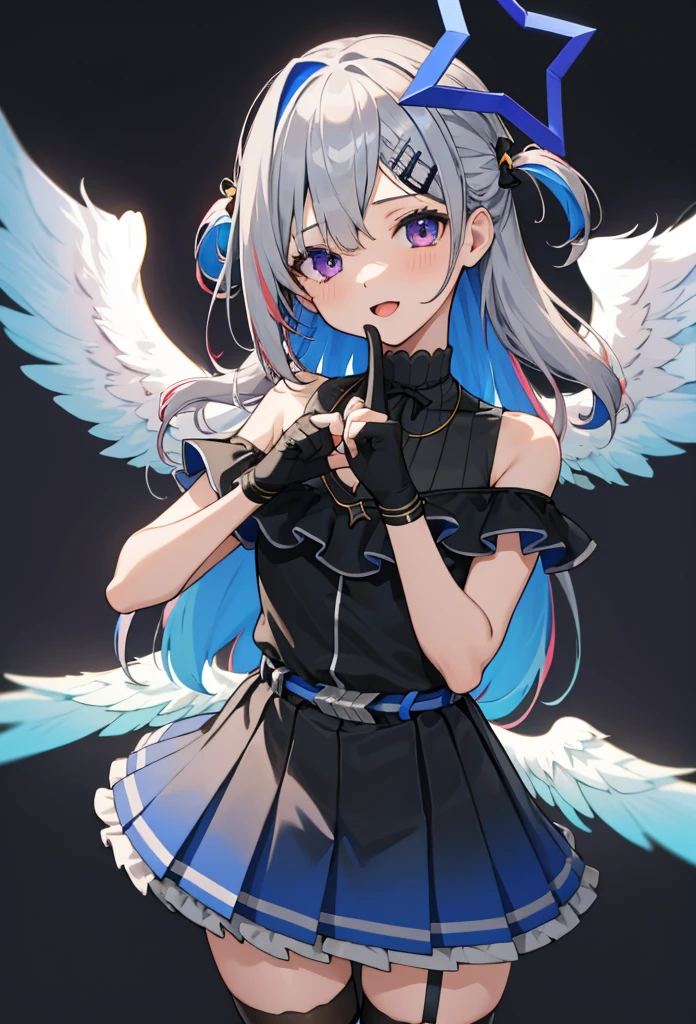 noberetkanatan1girl, solo, virtual youtuber, long hair, gloves, wings, multicolored hair, official alternate hair length, grey hair, colored inner hair, blue hair, angel wings, purple eyes, halo, star halo, official alternate hairstyle, partially fingerless gloves, angel, thigh strap, black gloves, hair ornament, dress, smile, looking at viewer, bangs, open mouth, two side up, jewelry, feathered wings, white background, pleated dress, single thighhigh, black dress, simple background, frills, bare shoulders, thighhighs, hairclip, necklace, gradient dress, belt, cowboy shot, index finger raised, finger to mouth, sleeveless, white wings