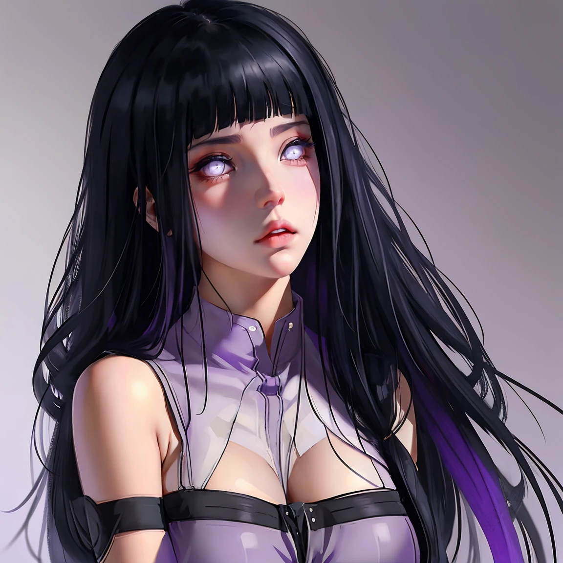 1girl, adult, Hinata Hyuga, the last, shy girl, long black hair, blunt bangs, dark hair, Voluminous hair, lavender eyes, no pupils, Lavender Sleeveless Blouse, big breasts, slim waist, close up masterpiece, best quality, Professional, realistic.