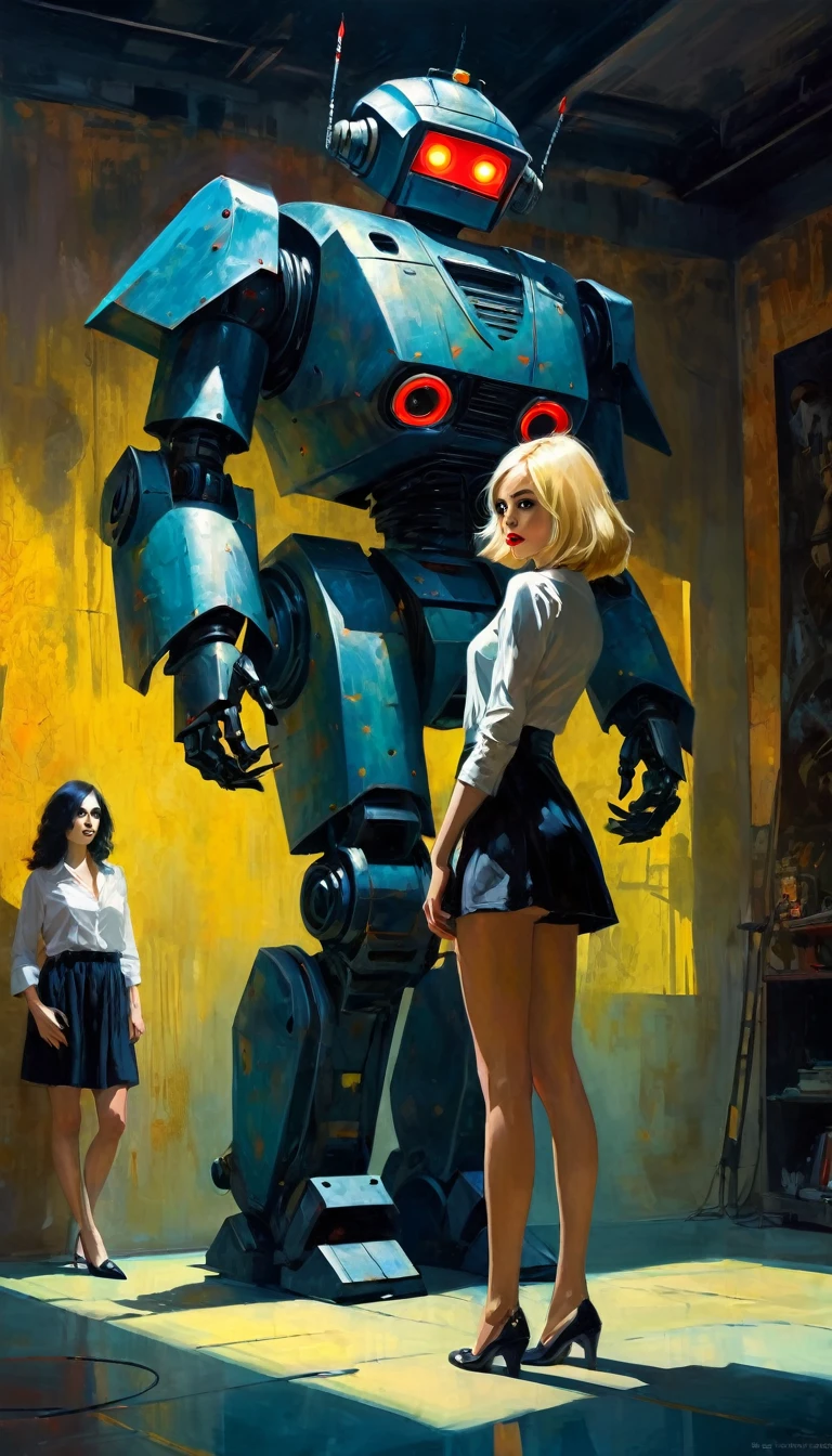 gothic punk sexy girl in love with robot giant monster (inspirational art by Dave McKean and Bill Sienkiewicz, oil painting, details of brush strokes that enhance depth) (best quality,4k,8k,highres,masterpiece:1.2),ultra-detailed,(realistic,photorealistic,photo-realistic:1.37),intricate details,vivid colors,sharp focus,professional,Dave McKean artwork, oil touch of surrealism,oil painting style,,dreamlike atmosphere,girl and giant robot, giant monster robot, sexy girl,shadow play,soft lighting,playful pose,minimalist room,dark hues,ethereal background,fantasy elements,texture,layered composition.
