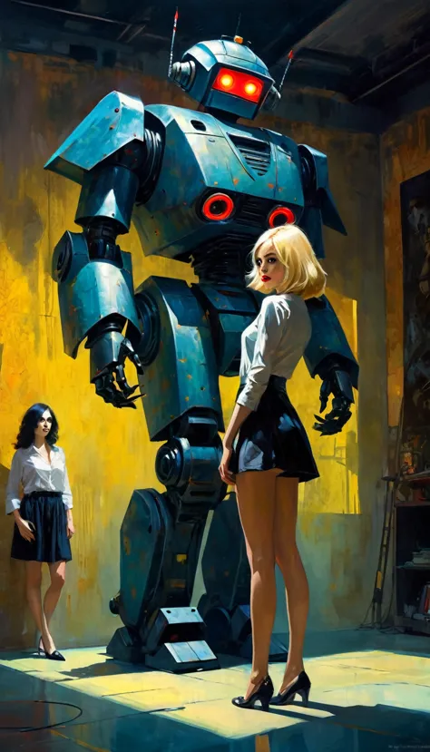 gothic punk sexy girl in love with robot giant monster (inspirational art by Dave McKean and Bill Sienkiewicz, oil painting, det...