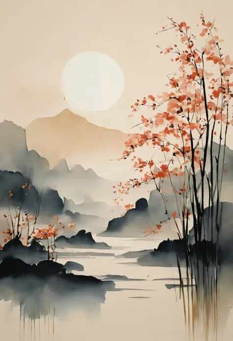 Create a painting in the Japandi art style, which blends the elegance of Japanese minimalism with the warmth of Scandinavian des...