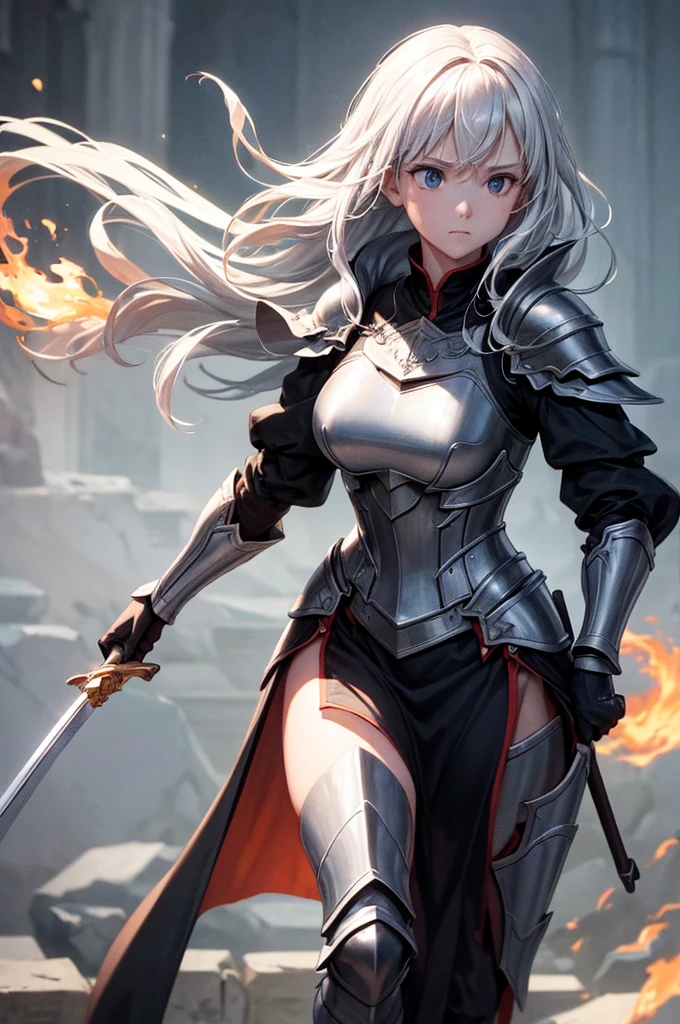 ((super fine illustration, 8k, Masterpiece :1.2, Sharp focus :1.2, depth of field:1.2)), Beautiful swordswoman,reading book, absurdity, Highly detailed face and skin texture, silver hair, jet-black armor, flame armor, cloak wrapped in flames, sword wrapped in flames, flame wings, determination to overcome sorrow, A sign of determination in your gentle eyes , strong soul