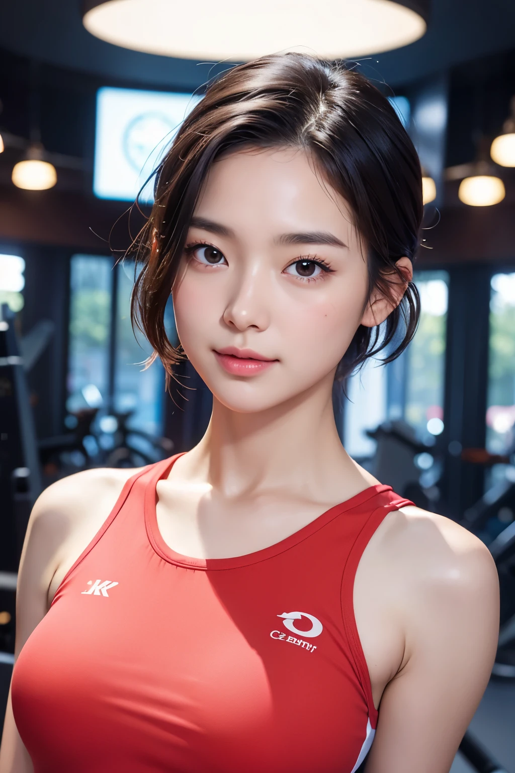 Very detailedな CG Unity 8k 壁紙, highest quality, Very detailed, masterpiece, Realistic, photo Realistic, Very knowledgeable cute girl, Age 25, logic, 腹logic, Round eyes, audience, blush, Lips parted, Half Body Shot , Sportswear , Gym, Underarm, short hair,Underarm,