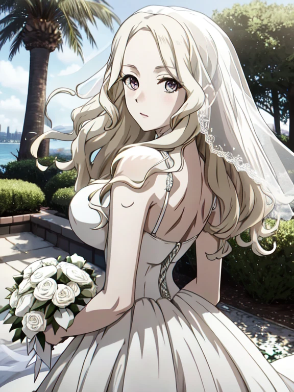 back focus,(wedding dress:1.2),Teresa,,wavy hair,pale skin,looking at view,park,(cleavage:0.8),contemptuous expression,best quality