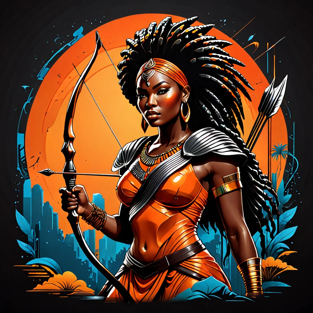 Vector t-shirt art design, centered, 80s dark fantasy movie, a thick body black woman in African warrior clothes holding sword and bow and arrow, orange clothes, African goddess of hunting, afrofuturism, afrofuturism fashion, ultra quality, masterpiece, intricate details, very detailed, beautiful face, 8K, cinematic scene, photorealistic
