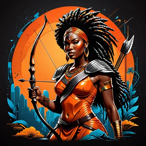 vector t-shirt art design, centered, 80s dark fantasy movie, a thick body black woman in african warrior clothes holding sword a...