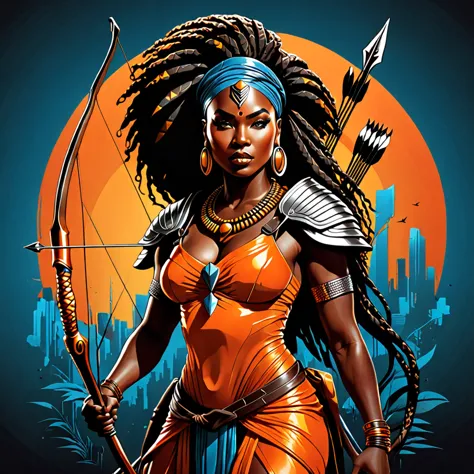 vector t-shirt art design, centered, 80s dark fantasy movie, a thick body black woman in african warrior clothes holding sword a...