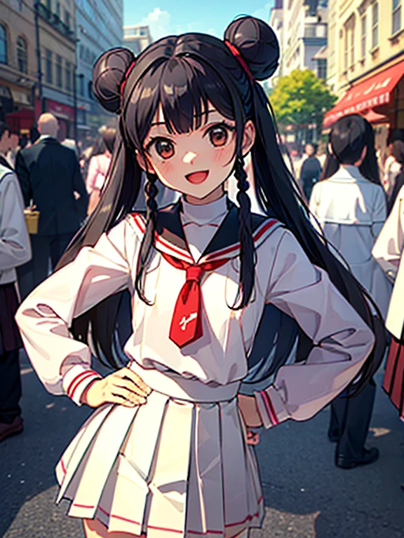 anime realist, (((masterpiece))) ( Background : outdoor theme : bright : crowded cuty ) ( character : meiling : long smooth hair : fit body : lolicon : small breast : innocent smile : wearing ), , hair bun, black hair, , twintails, double bun, long hair, open mouth, hand on hip, brown eyes, pleated skirt,, white sailor collar, white skirt, bangs,, looking at viewer,