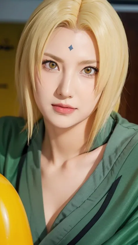 a close up of a person with lonf hair and a green clothes, tsunade, tsunade from anime naruto shippuden, as an anime character, ...