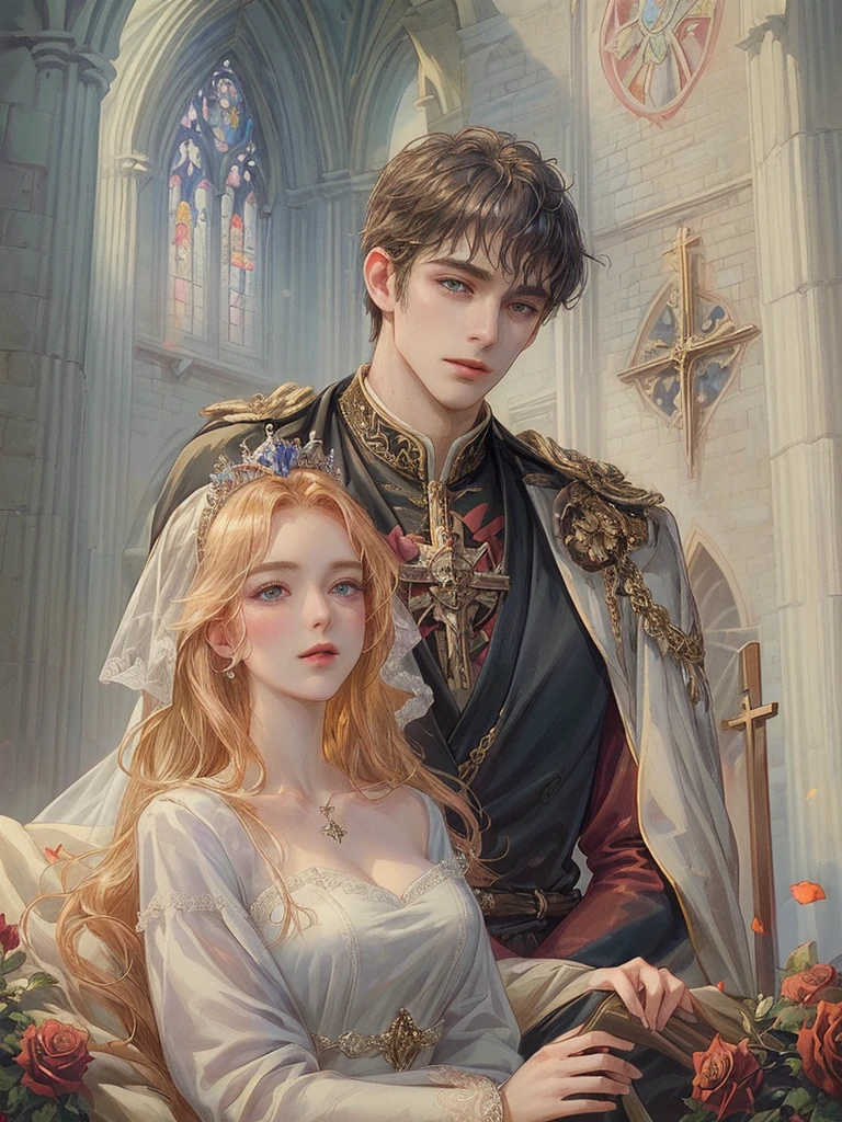 (((Best quality)), ((masterpiece)), (detailed), ((perfect face)), ((halfbody)) , 1 woman and 1 man, Make eye contact, female saint, Crown Prince, non-consensual marriage, romantic backdrop, Church, cathedral, wedding waste, rose petals, 