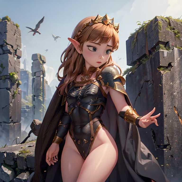 (High resolution) 1 girl, alone, Goblins girl in armor, Anna of Arendelle, Goblins, armor, Wearing a black high-leg leotard、Cave Crown, Cape, Ruins of ancient Greece,For brown hair
