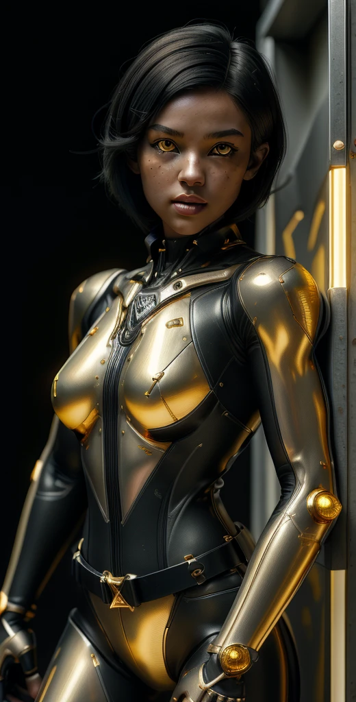 1 girl, solo, (look at viewer), ((Best quality)), ((masterpiece)), (detailed:1.4), ((upper body)), 3D, an image of a beautiful cyberpunk female,HDR (High Dynamic Range), Ray Tracing,NVIDIA RTX,Super-Resolution,Unreal 5,Subsurface scattering,PBR Texturing,Post-processing,Anisotropic Filtering,Depth-of-field,Maximum clarity and sharpness,Multi-layered textures,Albedo and Specular maps,Surface shading,Accurate simulation of light-material interaction,Perfect proportions,Octane Render,Two-tone lighting,Wide aperture,Low ISO,White balance,Rule of thirds,8K RAW, (((yellow eyes))), (((liquid metal black short hair))), AlexTS, (dark skin:1.2), yellow eyes, black hair, short hair, medium breasts, yellow bodysuit, belt, (( gold amor))