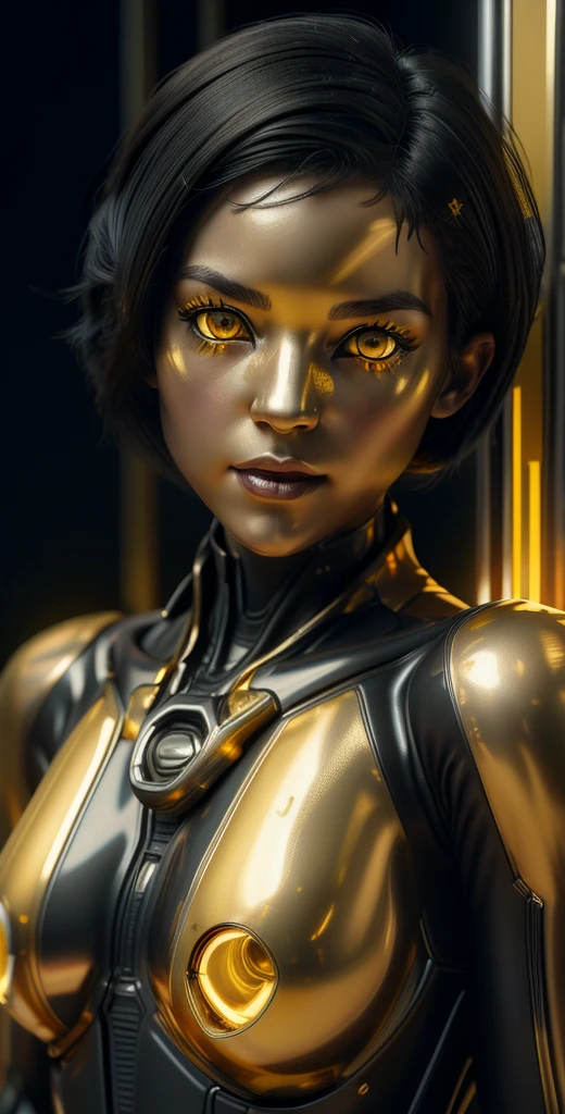 1 chica, solo, (mirar al espectador), ((mejor calidad)), ((obra maestra)), (detallado:1.4), ((Parte superior del cuerpo)), 3D, una imagen de una hermosa mujer cyberpunk,hdr (Alto rango dinámico), trazado de rayos,NVIDIA RTX,Súper resolución,irreal 5,dispersión subsuperficial,texturizado PBR,Postprocesamiento,Filtrado anisotrópico,Profundidad de campo,máxima claridad y nitidez,Texturas multicapa,Albedo and Specular maps,Sombreado de superficie,Simulación precisa de la interacción entre la luz y el material.,proporciones perfectas,renderizado de octanaje,Iluminación de dos tonos,gran apertura,ISO bajo,balance de blancos,Regla de los tercios,8K CRUDO, (((Ojos amarillos))), (((liquid metal black cabello corto))), AlexTS, (piel oscura:1.2), Ojos amarillos, pelo negro, cabello corto, pechos medianos, mono amarillo, cinturón, (( amor de oro))
