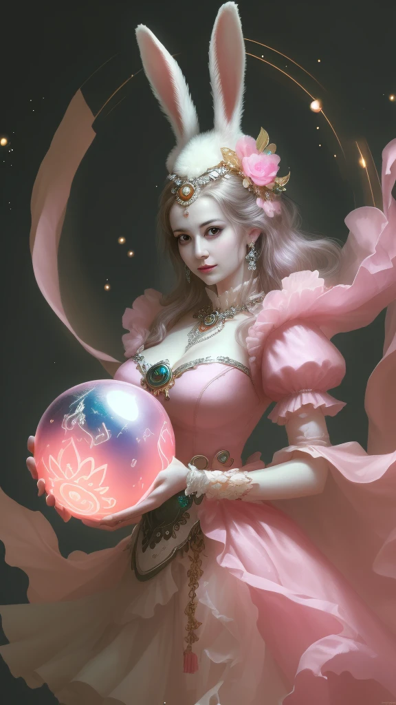 A shining old lady adorned with various jewels，The rabbit is holding a large ball，Staring straight into the camera， in the center，Very bright color, Light Particles, The light shines, Musibu, Wallpaper Art, UHD Wallpaper,Background pink、Divination for meditation、Mysterious