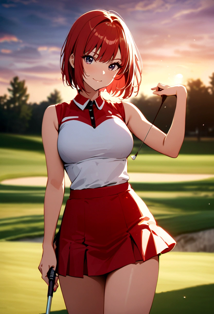 Som　Alta resolução　beleza 8k　Mulher que joga golfe　Campo de golfe　Mulher bonita　Bobcut　cabelo vermelho　　Roupas de golfe　mini-saia　sorriso　　olhando para a câmera　Bom tiro　sem manga