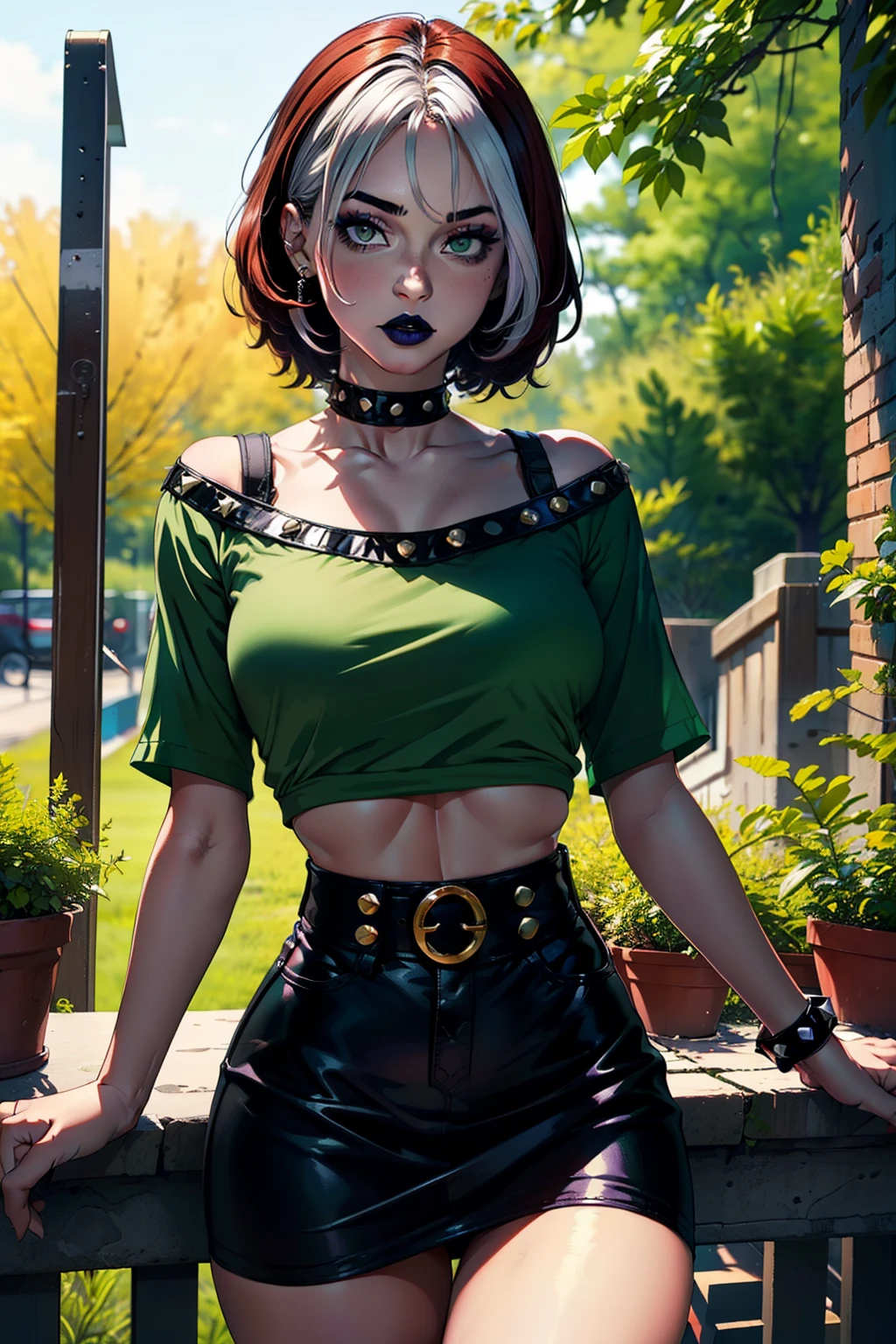 (masterpiece, best quality, ultra-detailed), 1girl, RogueXME, two-tone hair, (red hair), white bangs, green eyes, purple makeup, purple lipstick, studded collar, medium breasts, green shirt, black skirt, mini skirt, outdoors