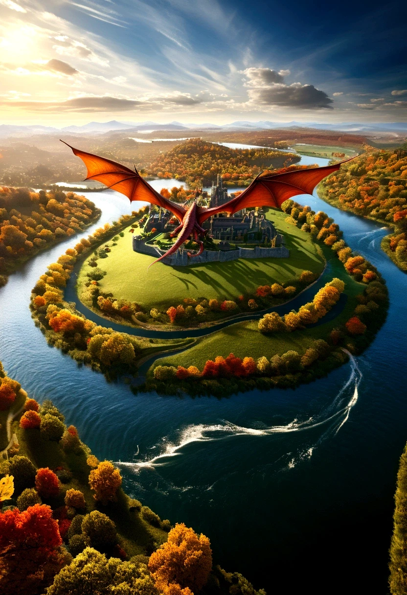 ((picture taken  from the back of dragon: 1.5)), arafed, a picture of a dragon flying above a river, its shadow is cast on the water dragon wings spread wide, dynamic color dragon, you see the back of the dragon, its majestic wings, its tail and river it is flying above, , panoramic view (Masterpiece, intense details: 1.5) , Wide-Angle, Ultra-Wide Angle, dynamic light, Cinematic Hollywood Film style