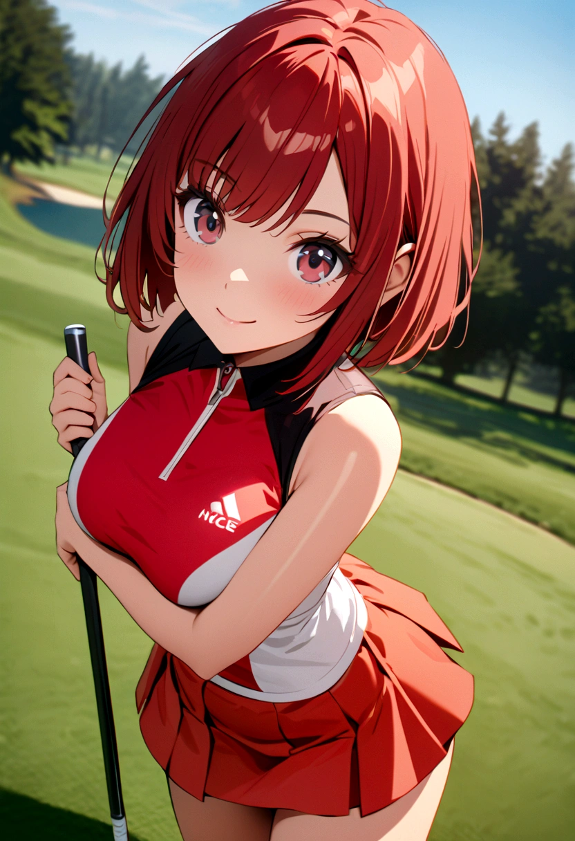 sound　high resolution　8k beauty　Woman playing golf　Golf course　Beautiful woman　Bobcut　Red hair　　Golf Wear　mini skirt　smile　　looking at the camera　nice shot　No sleeve