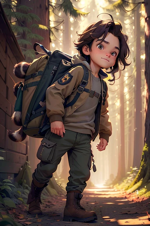 BOY, long eyelashes, mischievous grin, very tousled brown tousled long hair, Brown sweatshirt, brown military trousers with patch pockets, massive high infantry boots, backpack, curiosity, big brown eyes, in forests, raccoon and hedgehog,  8K, Super Detail, accurate, Best quality, masterpiece, high detail