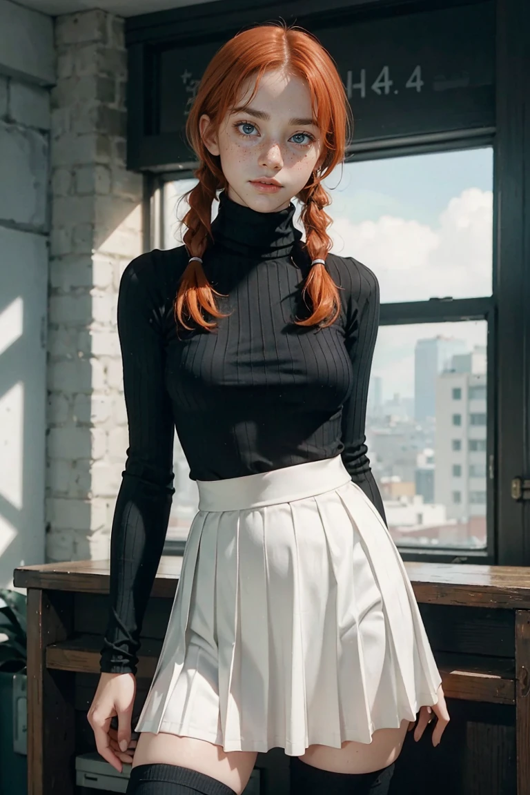 1girl, ginger, freckled face, face freckles, rosy, contemptuous look, 1 girl, solo, pigtails haircut,pale skin, big breasts, stand sexy pose, beautiful, ((pleated skirt)), ((black turtleneck)), cold palette
