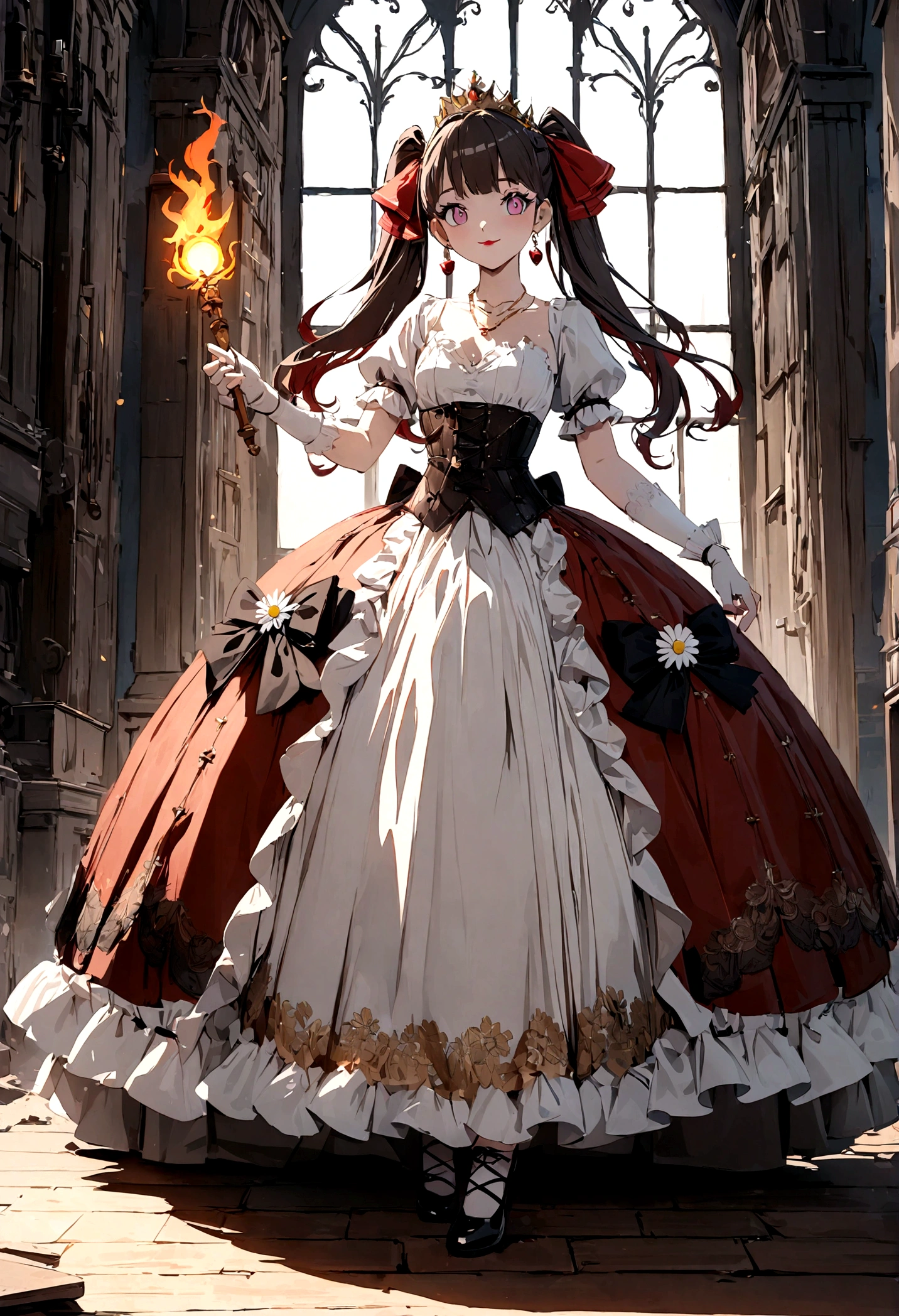 (best quality,4k,8k,highres,masterpiece:1.2),ultra-detailed, Pretty 15 years old princess, drawn in anime style, is cute and happy, long red pigtails hair, pink eyes, small breast, makeup and lipstick, steampunk, red and white ball gown with puffy sleeves, physically-based rendering,gorgeous frilly dress design,flowing gown,elaborate lace details,rich textures,contrast stitching,delicate ribbon bows,floral accents, daisy flowers embroidery, full skirt,short sleeves,fitted waistline,flared cuffs,lace-up back,luxurious fabrics,flawless silhouette, petticoat, bloomers, bustle, corset, hair ribbons, white elbow gloves, ruby earrings and necklace, gold tiara, high heels, wielding a fire magic wand, standing in castle bedroom, highly detailed, 4K.