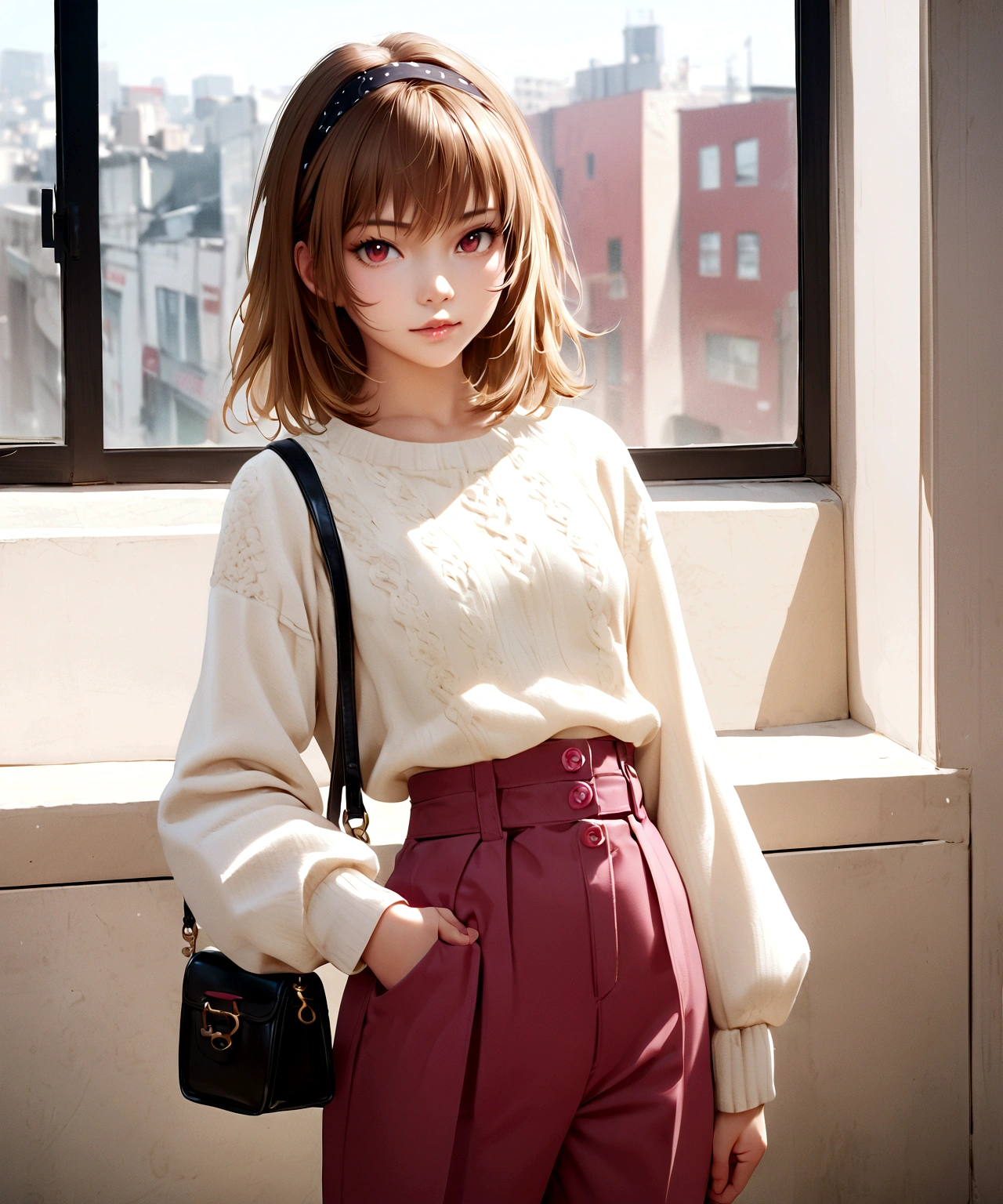 (Houjou_Satoko), 1girl, solo, (Blonde Hair), Red eyes, short hair, hair band, Small breasts, I&#39;m 11 years old,  looking at viewer, shirt, long sleeves, standing, white shirt, pants, medium hair, bag, sweater, lips, window, handbag, realistic, holding bag, high-waist pants