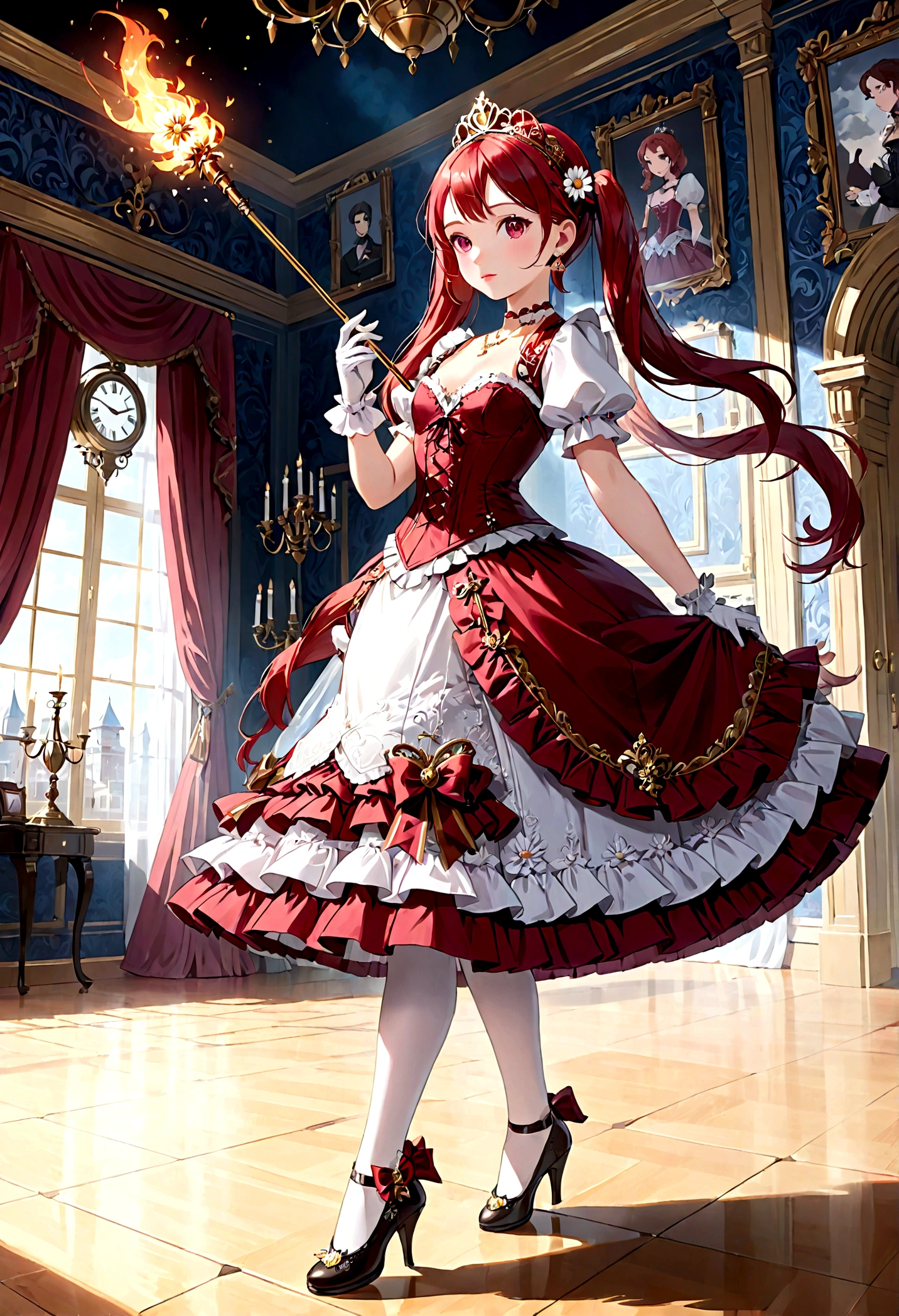 (beste Qualität,4k,8k,highres,Meisterwerk:1.2),ultra-detailliert, Hübsche Prinzessin, im Anime-Stil gezeichnet, ist süß und fröhlich, lange rote Zöpfe Haare, rosa Augen, kleine Brust, Make-up und Lippenstift, steampunk, rot-weißes Ballkleid mit Puffärmeln, physikalisch basiertes Rendering,wunderschönes Rüschenkleid-Design,fließendes Kleid,aufwendige Spitzendetails,Reichhaltige Texturen,Kontrastnähte,zarte Schleifen,florale Akzente, Gänseblümchen Blumen Stickerei, Langer Rock,kurze Ärmel,taillierte Taille,ausgestellte Manschetten,Schnürung hinten,luxuriöse Stoffe,makellose Silhouette, Petticoat, Pumphose, Hektik, corset, Haarbänder, weiße Ellenbogenhandschuhe, Rubin Ohrringe und Halskette, goldene Tiara, High Heels, einen Feuerzauberstab schwingen, stehend im Schlossschlafzimmer, sehr detailliert, 4K.