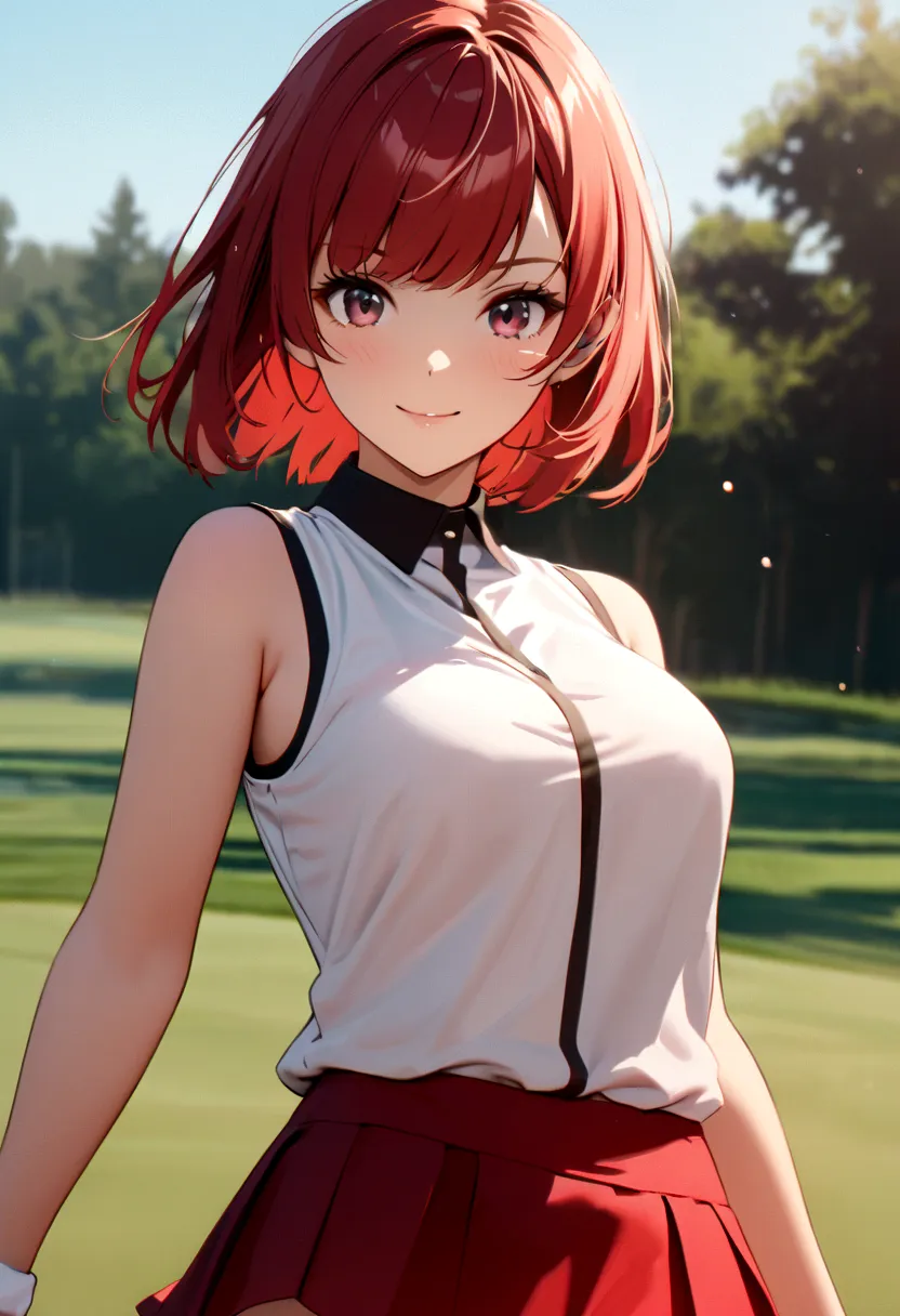 sound　high resolution　8k beauty　Woman playing golf　Golf course　Beautiful woman　Bobcut　Red hair　　Golf Wear　mini skirt　smile　　look...