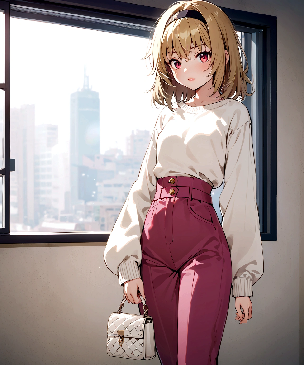 (Houjou_Satoko), 1girl, solo, (Blonde Hair), Red eyes, short hair, hair band, Small breasts, I&#39;m 11 years old,  looking at viewer, shirt, long sleeves, standing, white shirt, pants, medium hair, bag, sweater, lips, window, handbag, holding bag, high-waist pants