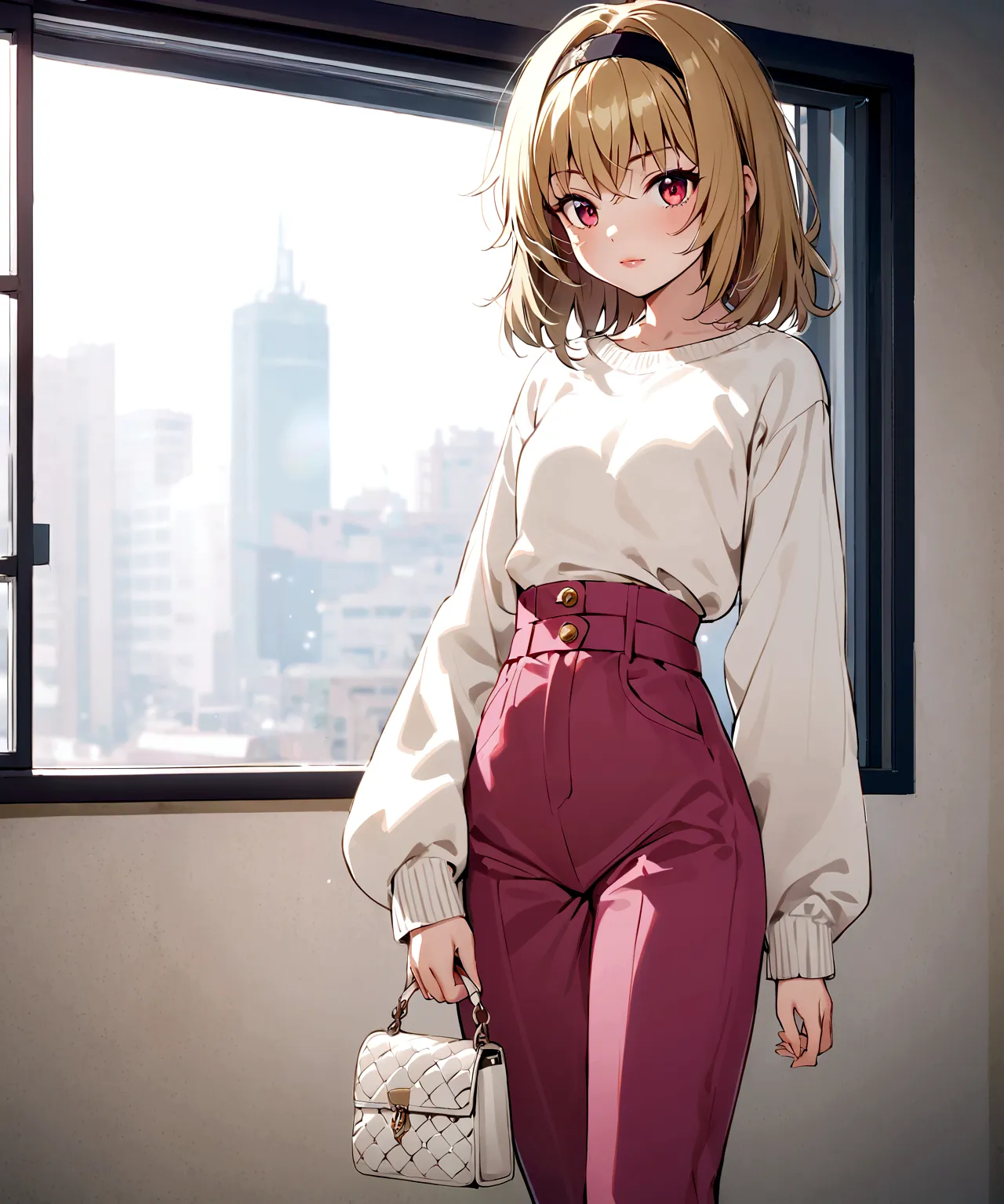 (houjou_satoko), 1girl, solo, (blonde hair), red eyes, short hair, hair band, small breasts, i&#39;m 11 years old,  looking at v...