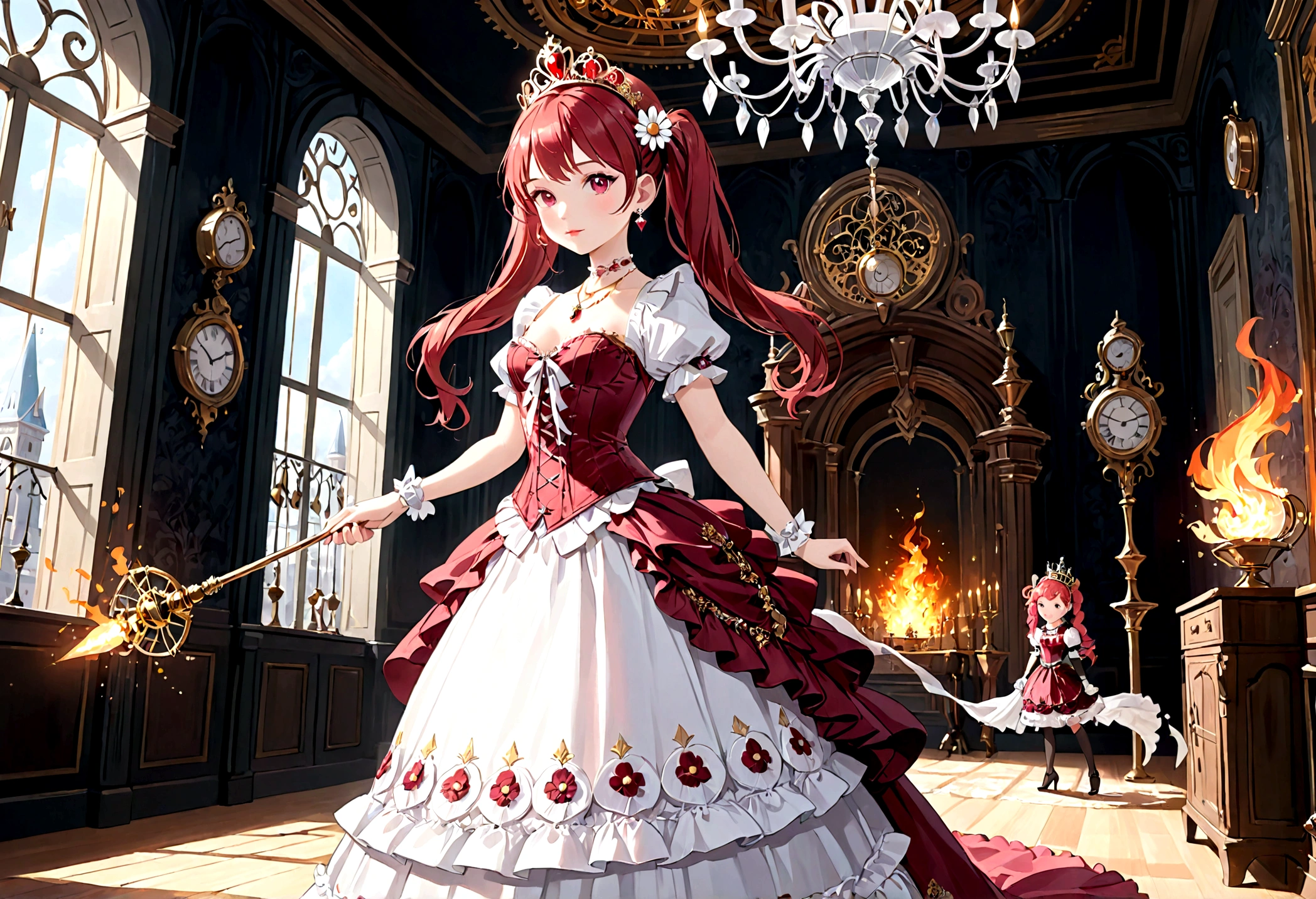 (beste Qualität,4k,8k,highres,Meisterwerk:1.2),ultra-detailliert, Hübsche Prinzessin, im Anime-Stil gezeichnet, ist süß und fröhlich, lange rote Zöpfe Haare, rosa Augen, kleine Brust, Make-up und Lippenstift, steampunk, rot-weißes Ballkleid mit Puffärmeln, physikalisch basiertes Rendering,wunderschönes Rüschenkleid-Design,fließendes Kleid,aufwendige Spitzendetails,Reichhaltige Texturen,Kontrastnähte,zarte Schleifen,florale Akzente, Gänseblümchen Blumen Stickerei, Langer Rock,kurze Ärmel,taillierte Taille,ausgestellte Manschetten,Schnürung hinten,luxuriöse Stoffe,makellose Silhouette, Petticoat, Pumphose, Hektik, corset, Haarbänder, weiße Ellenbogenhandschuhe, Rubin Ohrringe und Halskette, goldene Tiara, High Heels, einen Feuerzauberstab halten, stehend im Schlossschlafzimmer, sehr detailliert, 4K.