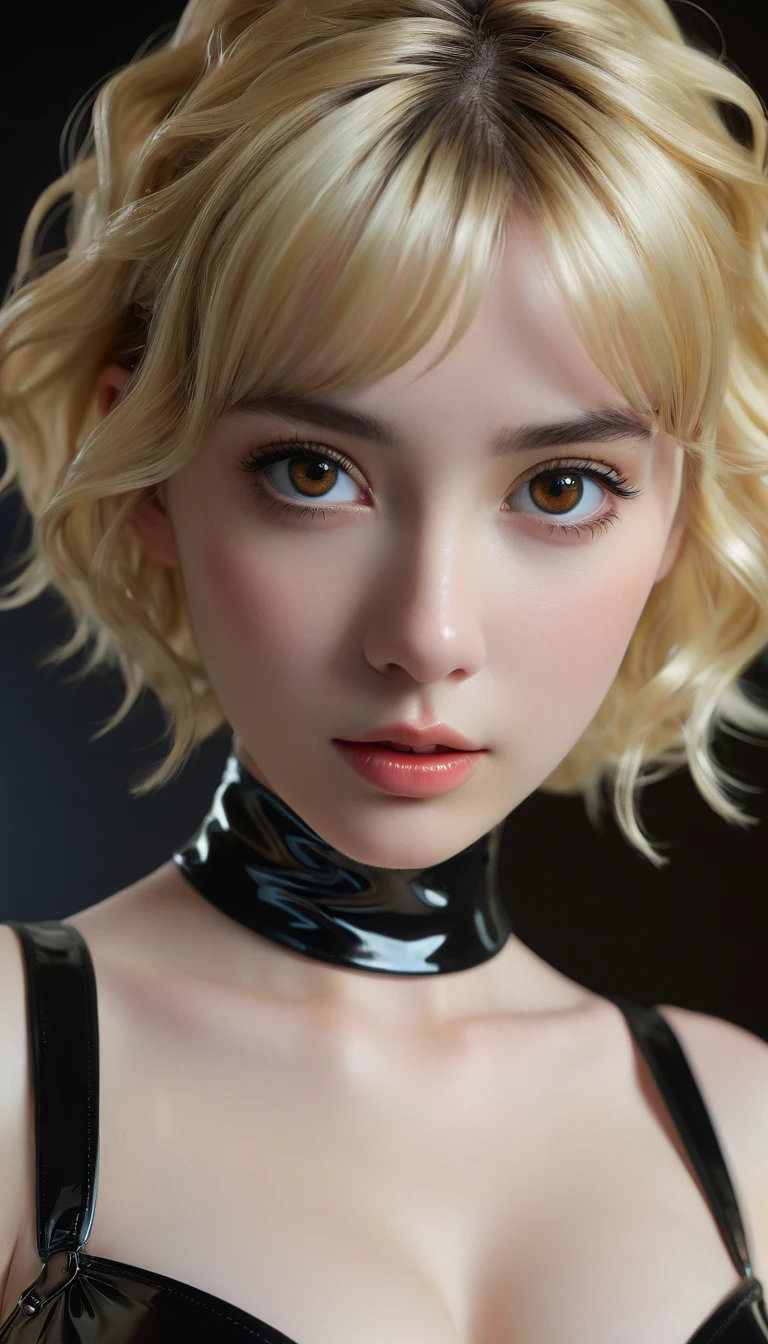 photorealistic Realism 8K, 16K Quality, (ultra absurd quality, extremely detailed detail, hyper resolution, clear sharp focus, not blurry, (Realistic brown_eyes:1.35)), ((perfect dark_eyeshadows:1.45)), (super Detailed, beautiful little nose:1.2), (perfect composition), Depth of field, cinematic light, Lens flare, (extremely beautiful face, beautiful lips , Beautiful eyes), Intricate detail face, best high quality real texture skin:1.3, A woman with velvety skin:1.33), ((best high quality real texture hair)), (short blonde hair, (wavy, combed up, behind the ear), extremely detailed:1.38)), photo of the most beautiful artwork in the world, professional majestic (photography by Steve McCurry), 8k uhd, dslr, soft lighting, high quality, Fujifilm XT3 sharp focus, f 5.6, dramatic, (Anatomically correct perfect proportions), ((perfect hands:1.2)), (Super beautiful face: 1.33), ((perfect female body:1.4)), cute girl, ((firm and full breasts)), (the most absurd quality perfect eyes:1.35), ((super beautiful cute sharp-face)), (light pale complexion), transparent color pvc ((full-body shiny latex, full colors Brightly outfit, holograph tight latex:1.24)), (((close to her face:1.33)))