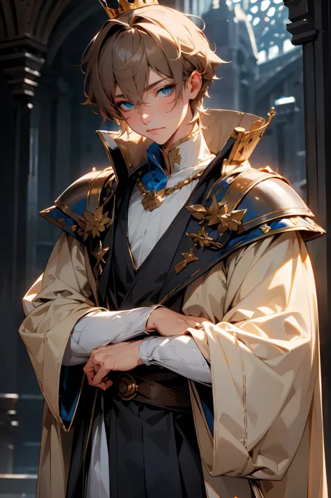 male character, royalty, prince, short hair, cold gaze, medieval aesthetics, luxurious clothes, looking down, armor pieces, crow...