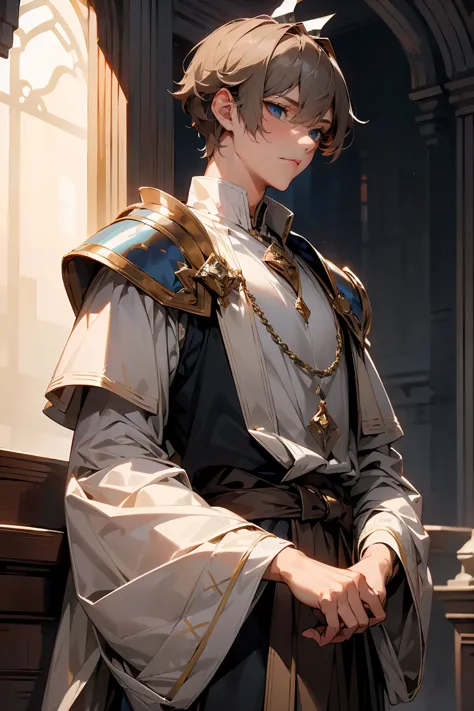 male character, royalty, prince, short hair, cold gaze, medieval aesthetics, luxurious clothes, looking down, armor pieces, crow...